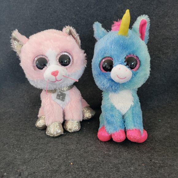 Ty Beanie Boos STITCHES the Blue Unicorn And Fonia The Pink Cat - Picture 1 of 8